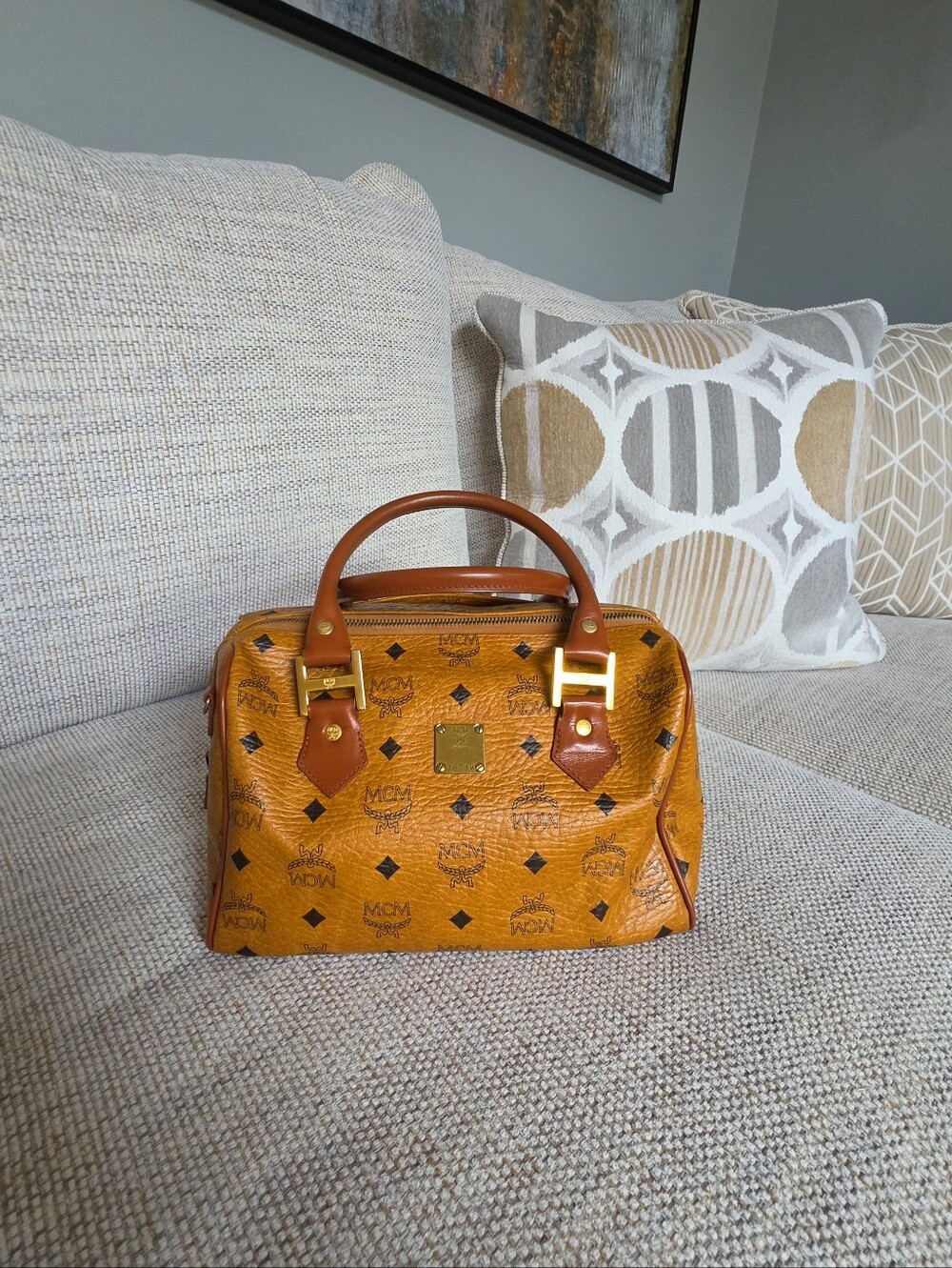 MCM Visetos Cognac Monogram Boston Bag - Picture 3 of 13